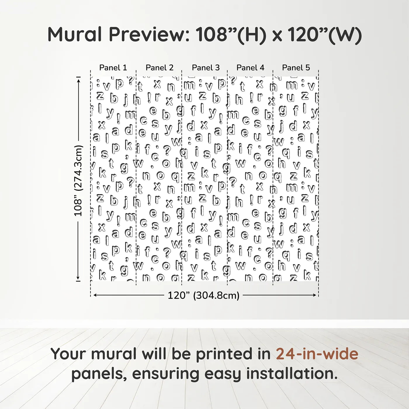 Whimsy Tots Alphabet Scatter Wall Muraldimension view (108" H x 120" W). Printed in five 24-inch-wide panels. Gender-Neutral
