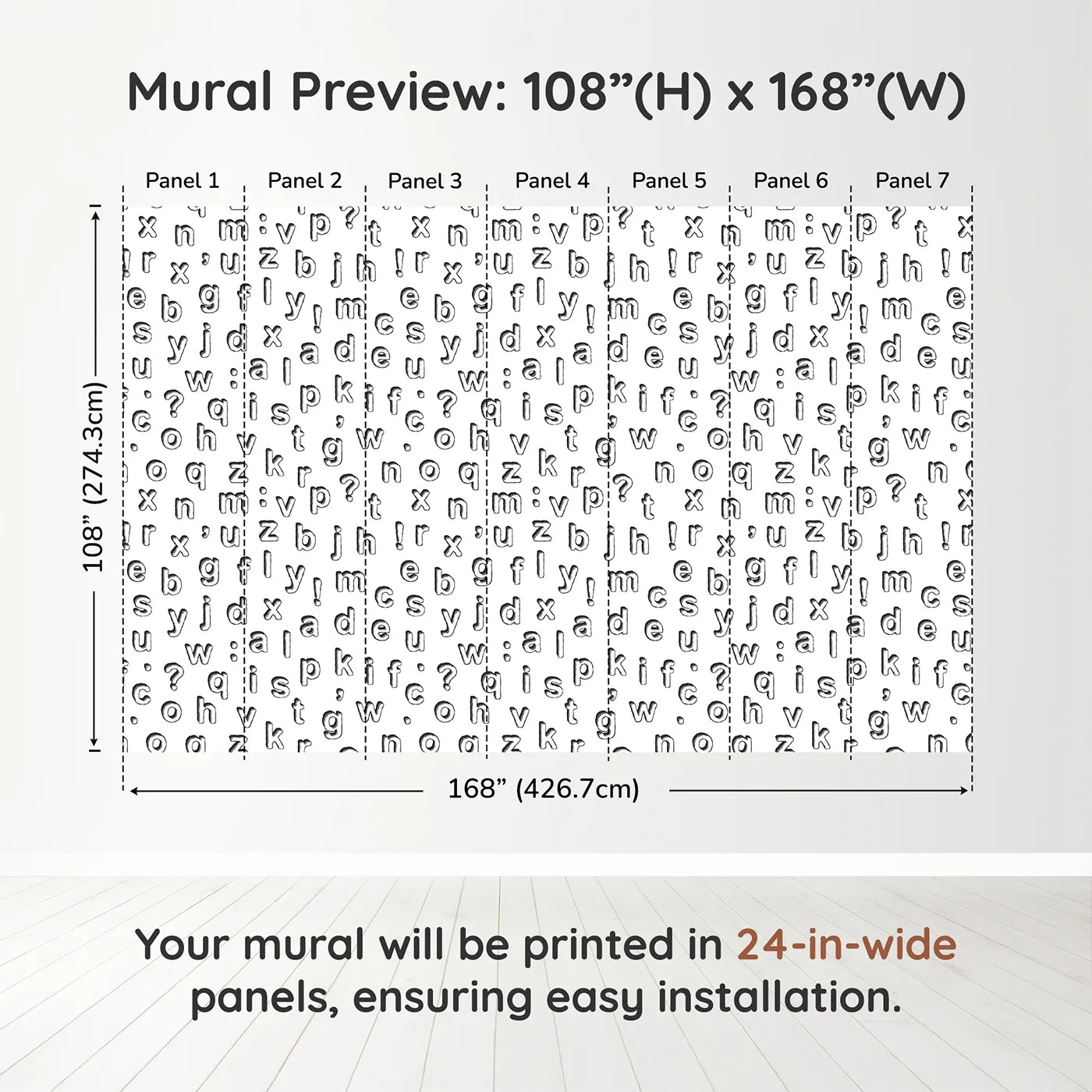 Whimsy Tots Alphabet Scatter Wall Muraldimension view (108" H x 168" W). Printed in seven 24-inch-wide panels. Gender-Neutral