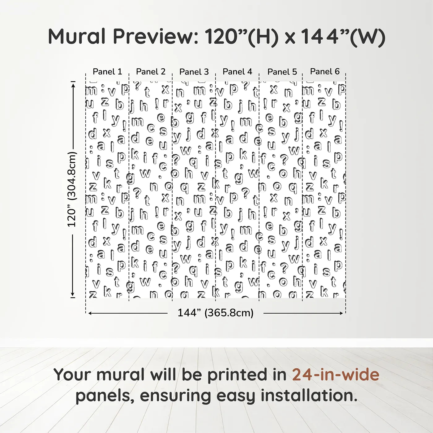 Whimsy Tots Alphabet Scatter Wall Muraldimension view (120" H x 144" W). Printed in six 24-inch-wide panels. Gender-Neutral