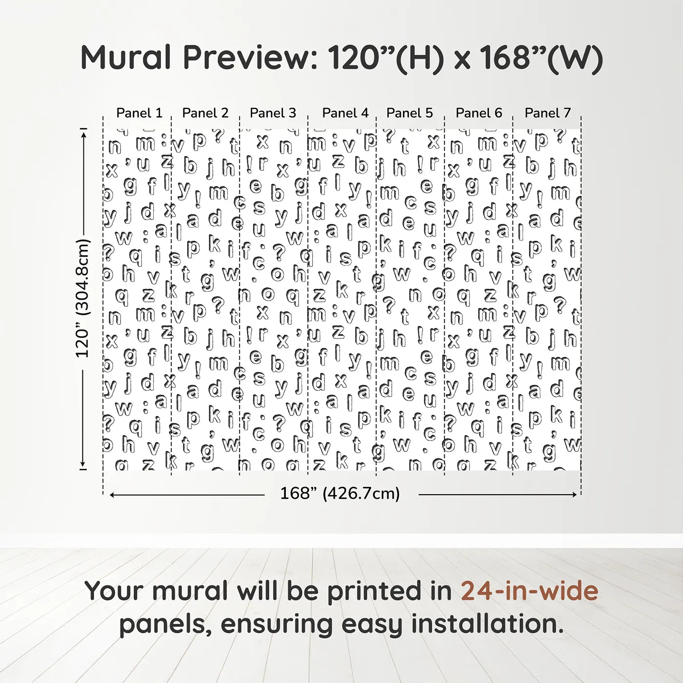 Whimsy Tots Alphabet Scatter Wall Muraldimension view (120" H x 168" W). Printed in seven 24-inch-wide panels. Gender-Neutral