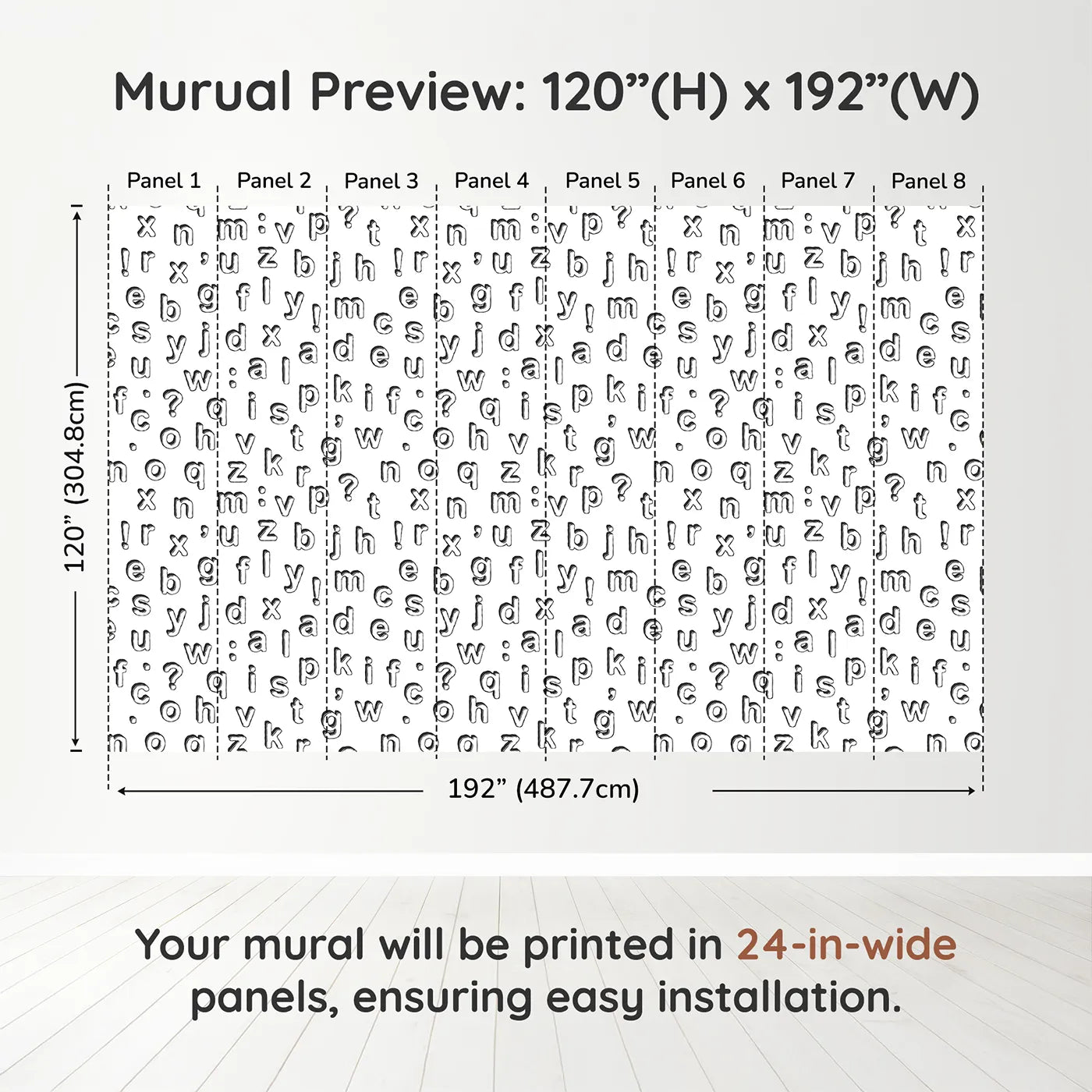 Whimsy Tots Alphabet Scatter Wall Muraldimension view (120" H x 192" W). Printed in eight 24-inch-wide panels. Gender-Neutral