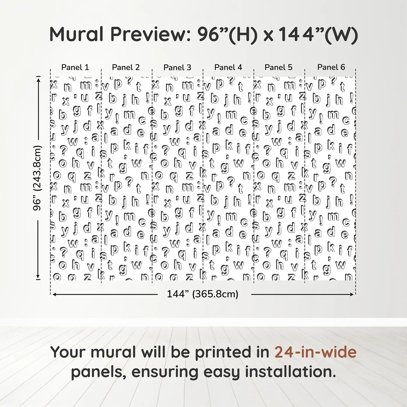 Whimsy Tots Alphabet Scatter Wall Muraldimension view (96" H x 144" W). Printed in six 24-inch-wide panels. Gender-Neutral
