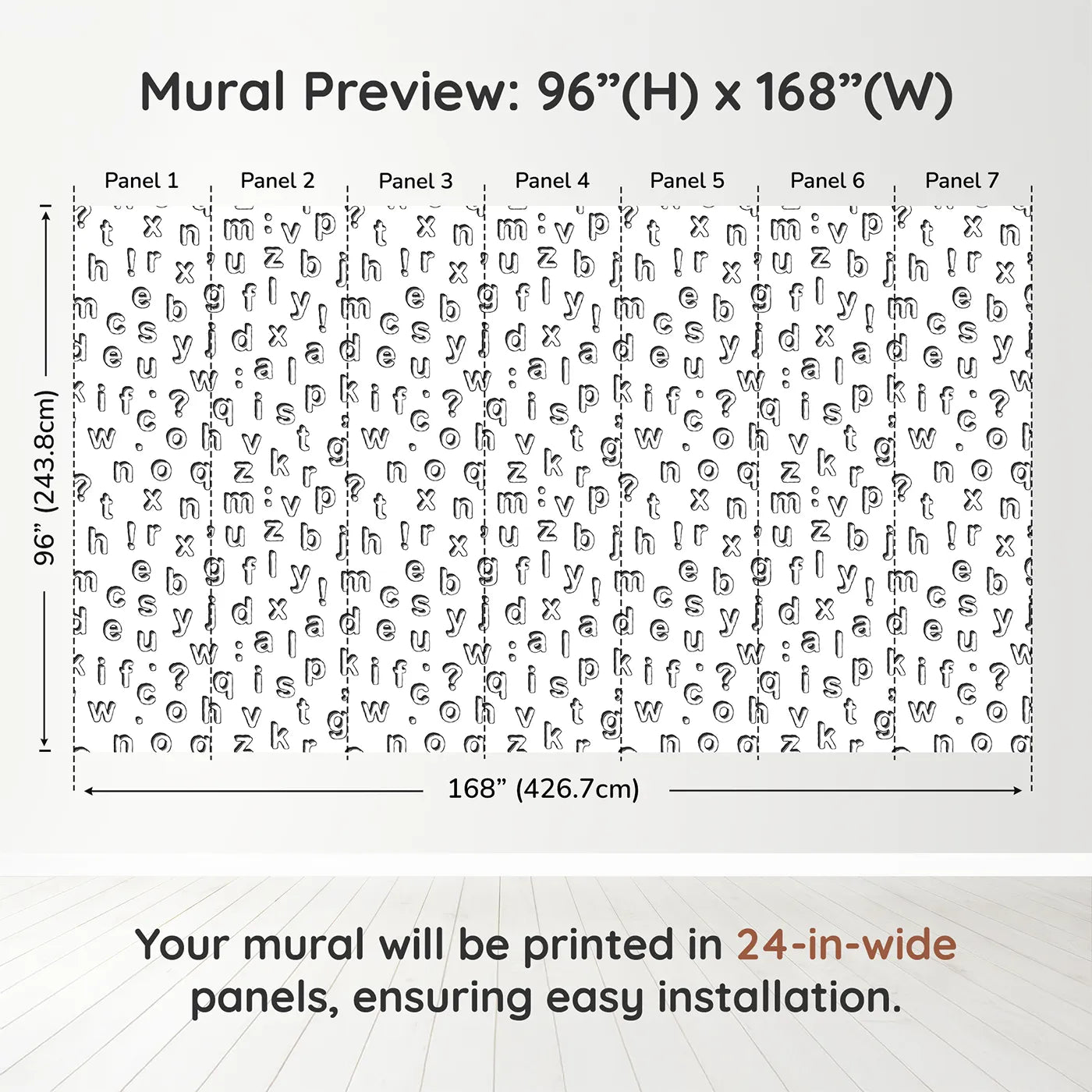 Whimsy Tots Alphabet Scatter Wall Muraldimension view (96" H x 168" W). Printed in seven 24-inch-wide panels. Gender-Neutral