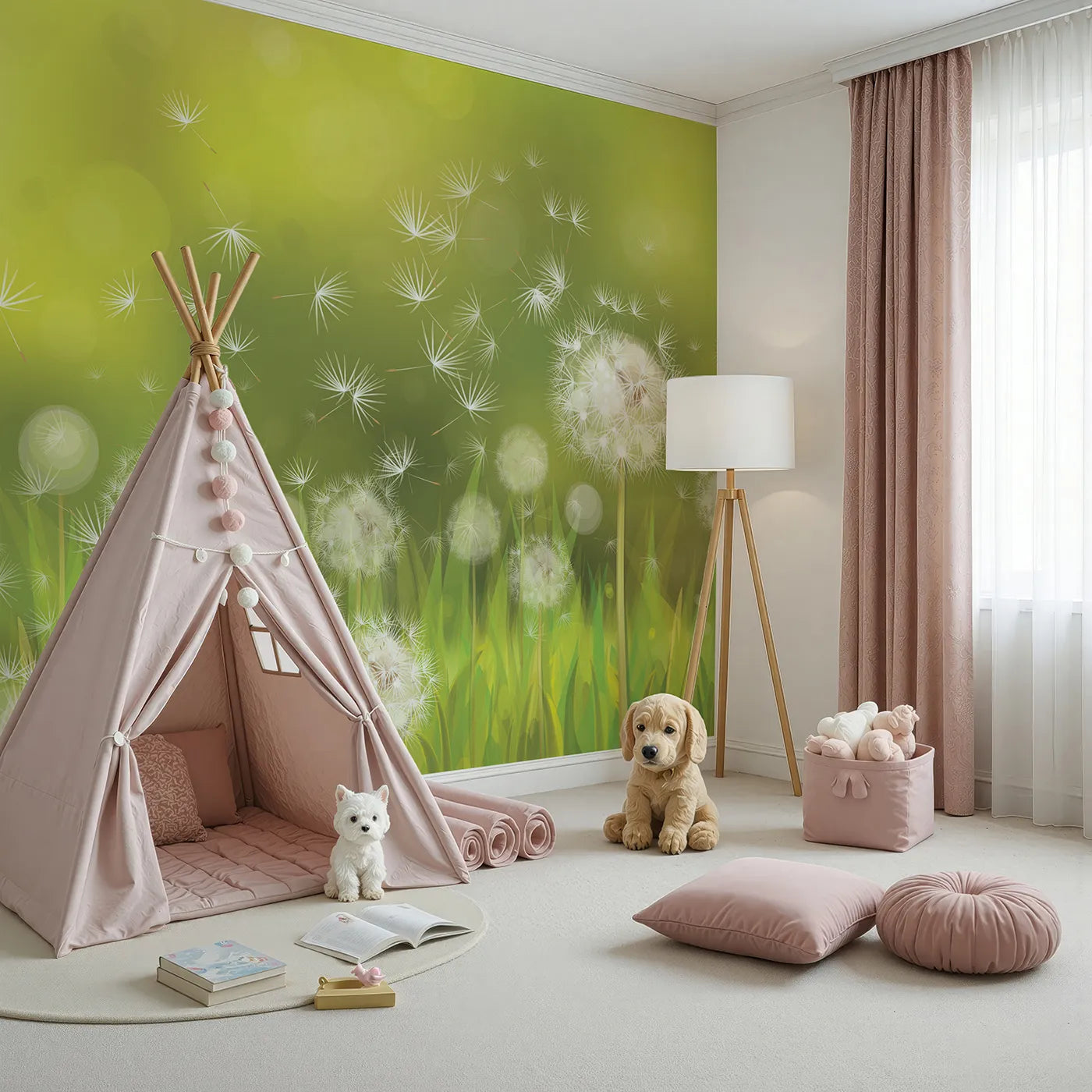 Angled view of Whimsy Tots' Dandelion Meadow Wishes Wall Mural (Turn Their Room into a Field of Floating Dreams).Gender-Neutral