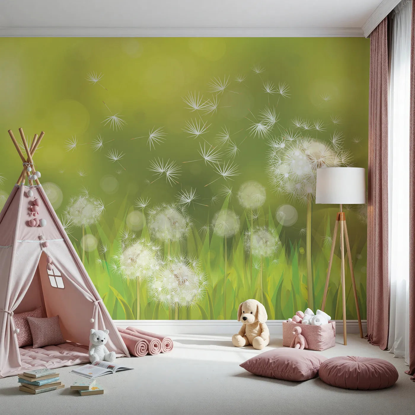 Front view of Whimsy Tots' Dandelion Meadow Wishes Wall Mural