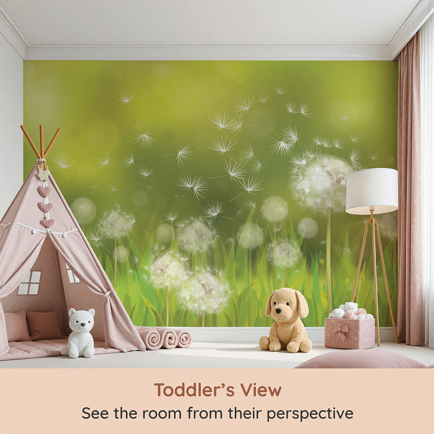 Whimsy Tots Dandelion Meadow Wishes Wall Mural (Turn Their Room into a Field of Floating Dreams) from your child's view.Gender-Neutral