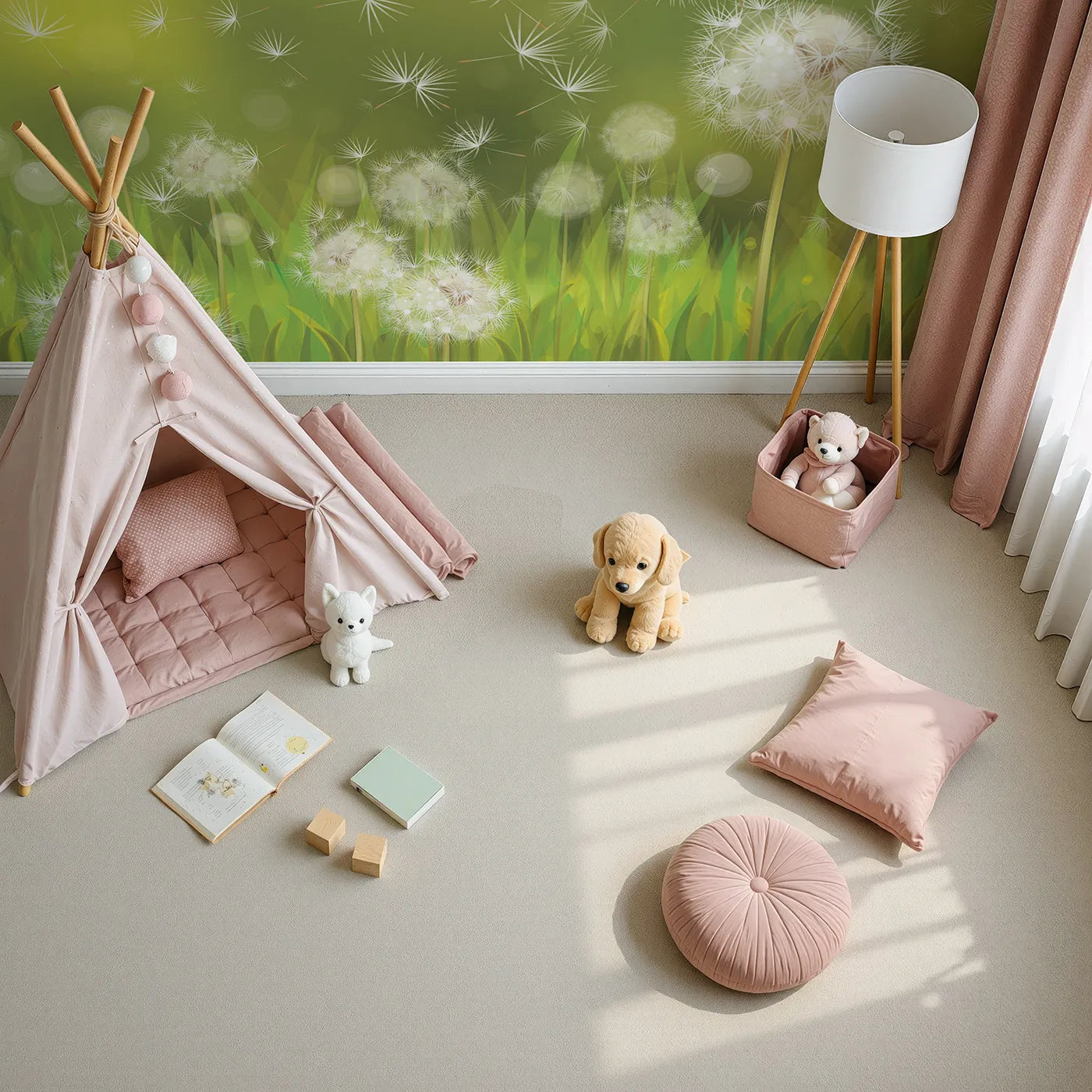 Top-down view of Whimsy Tots' Dandelion Meadow Wishes Wall Mural (Turn Their Room into a Field of Floating Dreams).Gender-Neutral