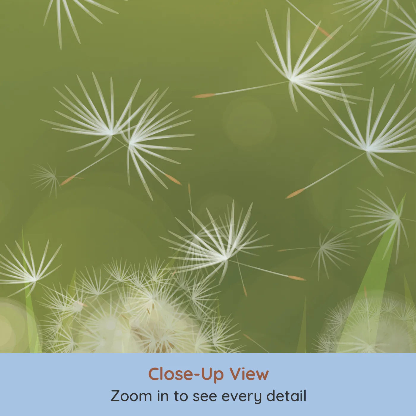 Close-up view of Whimsy Tots' Dandelion Meadow Wishes Wall Mural (Turn Their Room into a Field of Floating Dreams).Gender-Neutral
