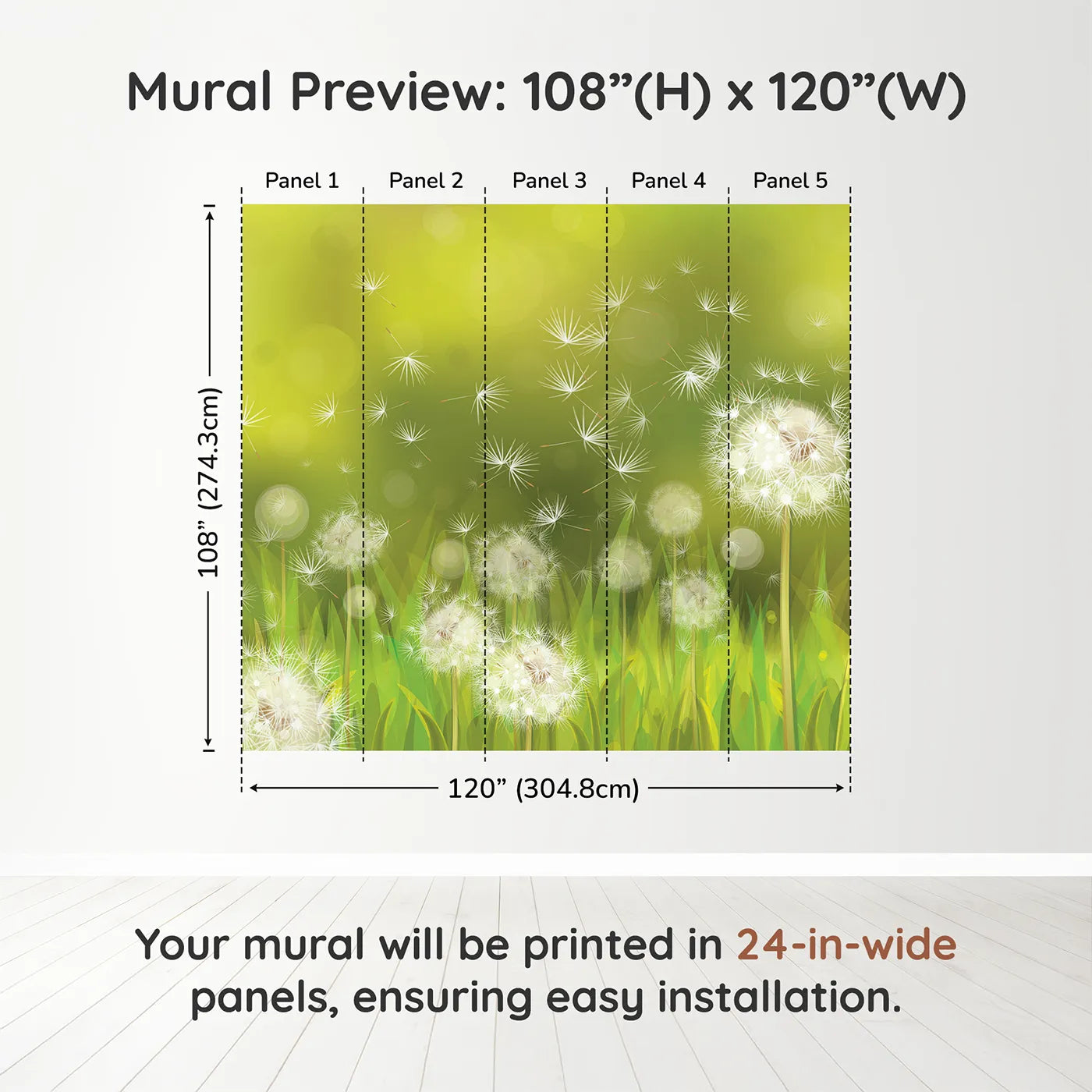 Whimsy Tots Dandelion Meadow Wishes Wall Muraldimension view (108" H x 120" W). Printed in five 24-inch-wide panels. Gender-Neutral