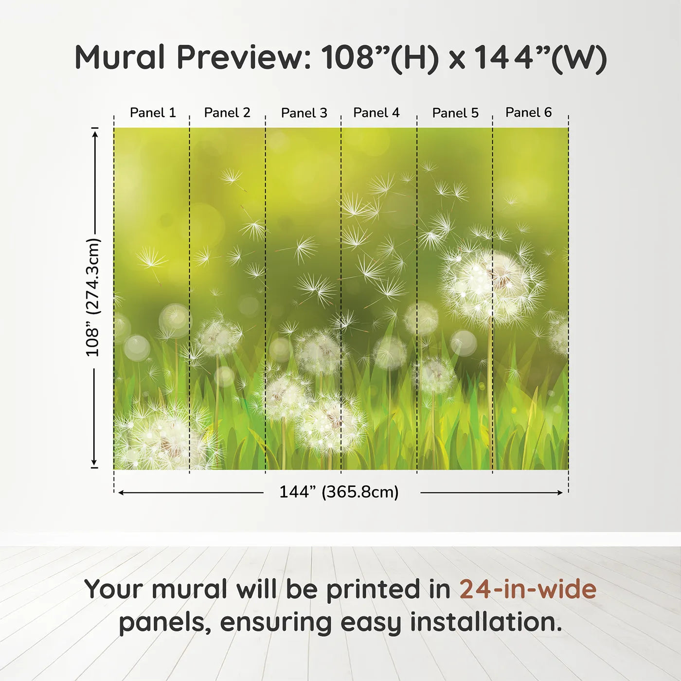 Whimsy Tots Dandelion Meadow Wishes Wall Muraldimension view (108" H x 144" W). Printed in six 24-inch-wide panels. Gender-Neutral