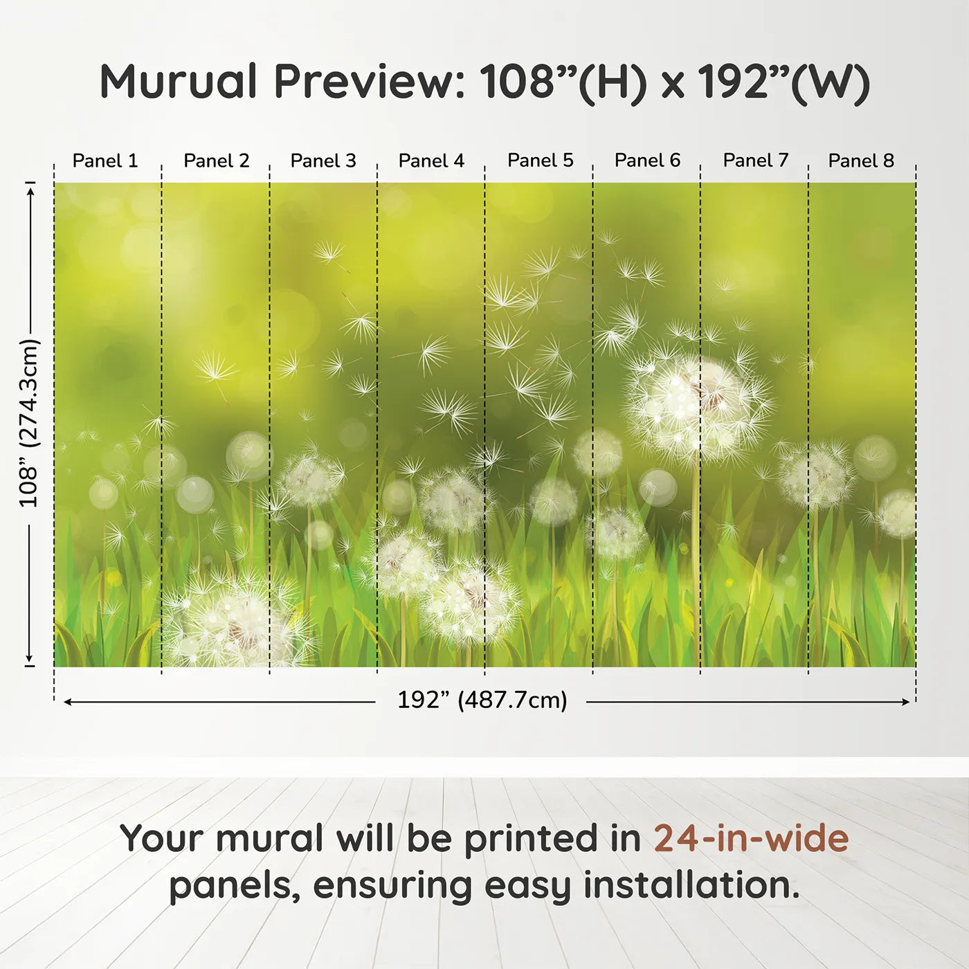 Whimsy Tots Dandelion Meadow Wishes Wall Muraldimension view (108" H x 192" W). Printed in eight 24-inch-wide panels. Gender-Neutral