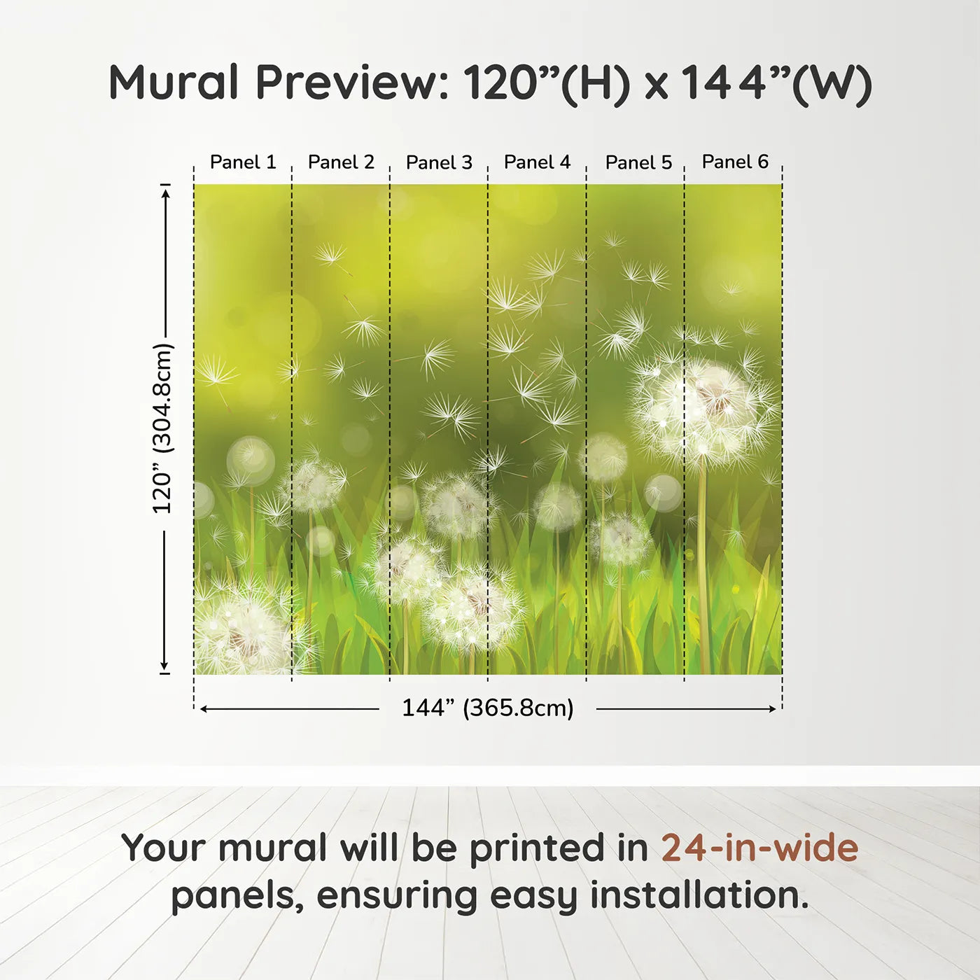 Whimsy Tots Dandelion Meadow Wishes Wall Muraldimension view (120" H x 144" W). Printed in six 24-inch-wide panels. Gender-Neutral