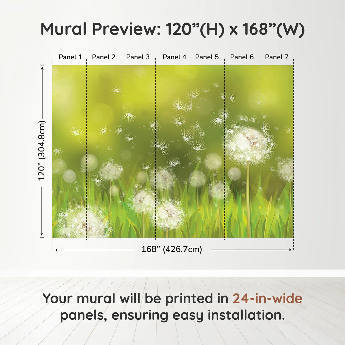 Whimsy Tots Dandelion Meadow Wishes Wall Muraldimension view (120" H x 168" W). Printed in seven 24-inch-wide panels. Gender-Neutral