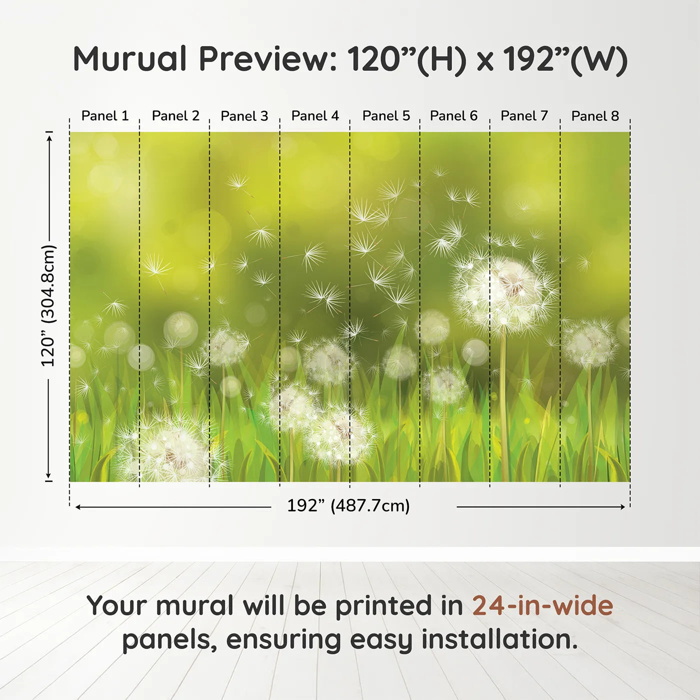 Whimsy Tots Dandelion Meadow Wishes Wall Muraldimension view (120" H x 192" W). Printed in eight 24-inch-wide panels. Gender-Neutral