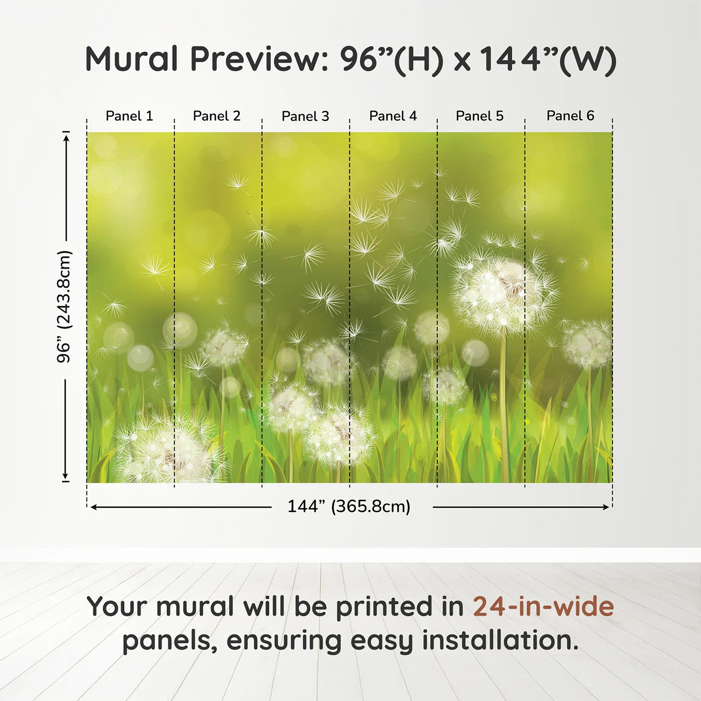 Whimsy Tots Dandelion Meadow Wishes Wall Muraldimension view (96" H x 144" W). Printed in six 24-inch-wide panels. Gender-Neutral