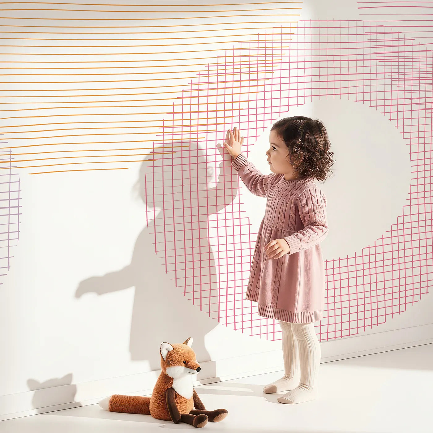 Child in front of Whimsy Tots Rainbow Scribble Circles Wall Mural with circle, scribble, abstract, rainbow, color, geometric, pattern in design.
