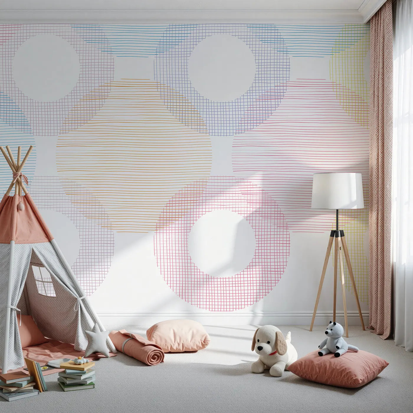 Front view of Whimsy Tots' Rainbow Scribble Circles Wall Mural