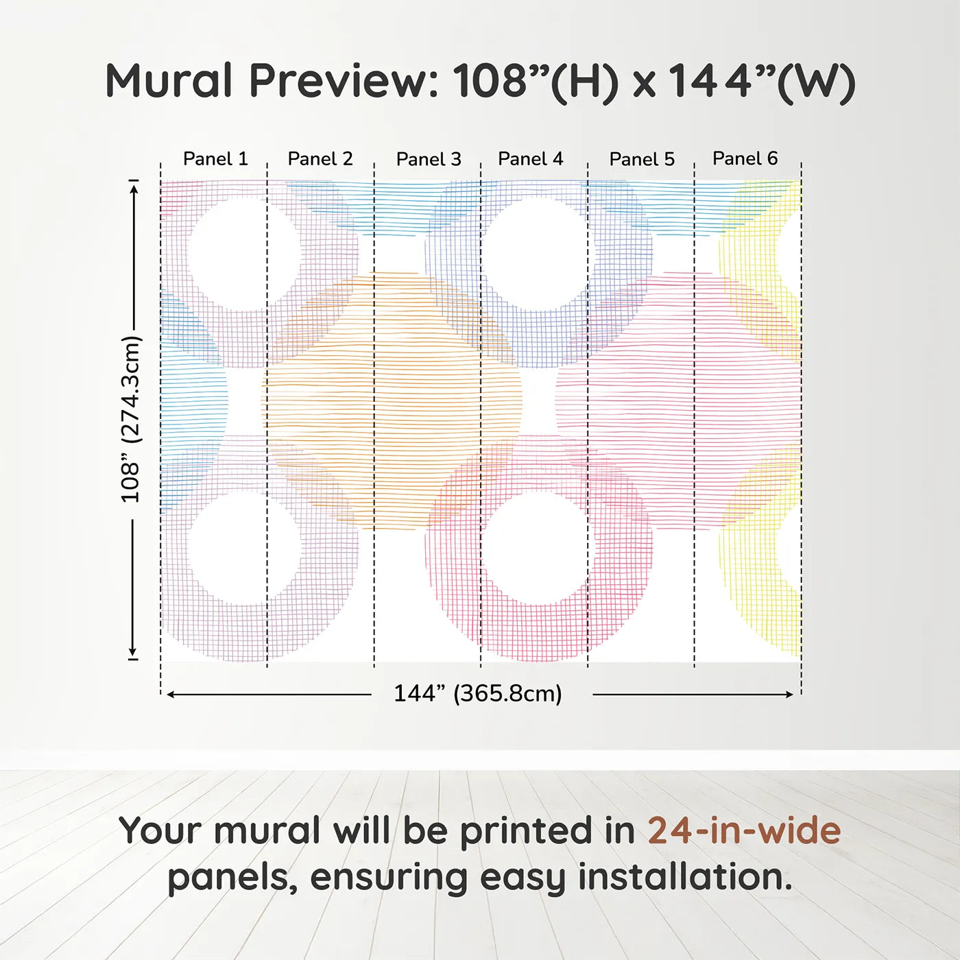 Whimsy Tots Rainbow Scribble Circles Wall Muraldimension view (108" H x 144" W). Printed in six 24-inch-wide panels. Gender-Neutral