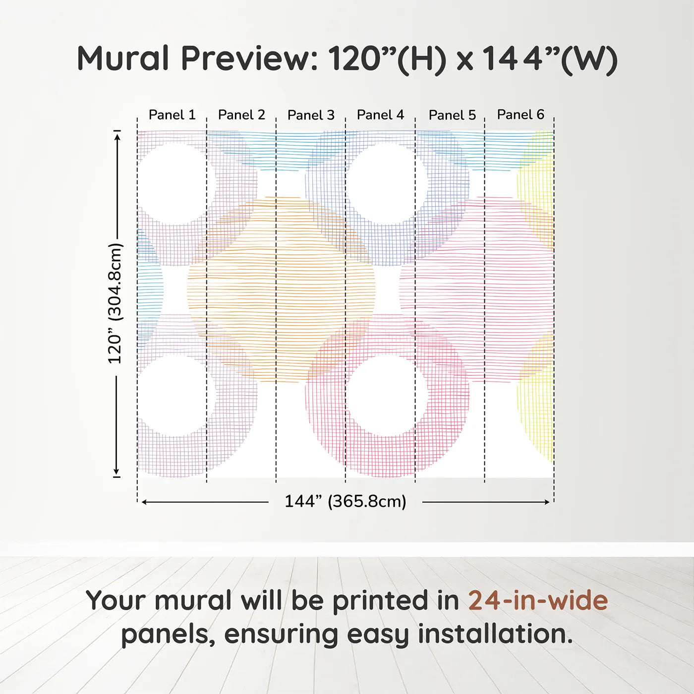 Whimsy Tots Rainbow Scribble Circles Wall Muraldimension view (120" H x 144" W). Printed in six 24-inch-wide panels. Gender-Neutral