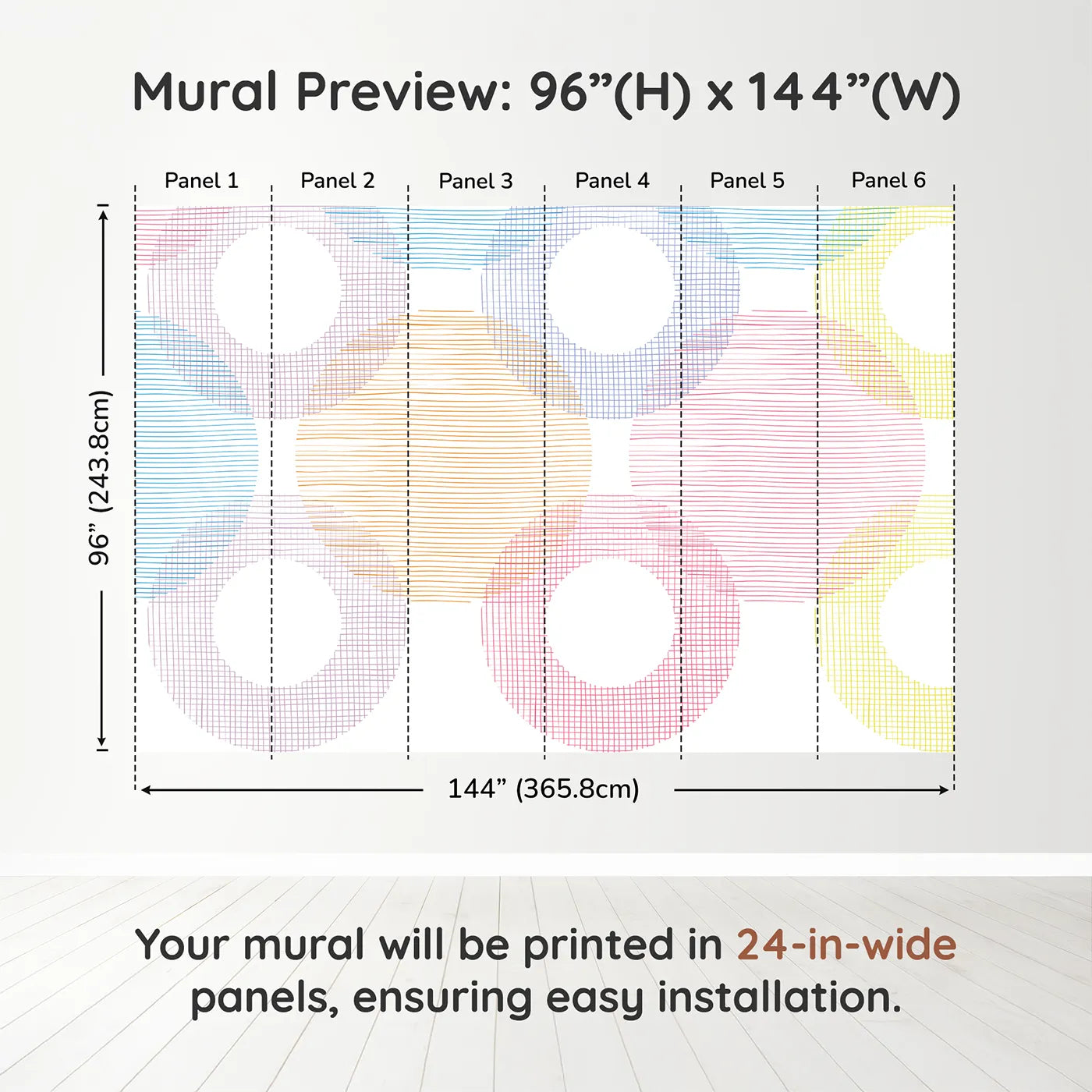 Whimsy Tots Rainbow Scribble Circles Wall Muraldimension view (96" H x 144" W). Printed in six 24-inch-wide panels. Gender-Neutral