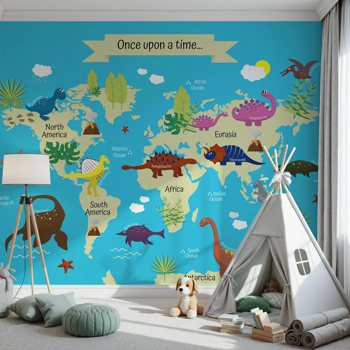 Front view of Whimsy Tots' Dinosaur World Map Wall Mural