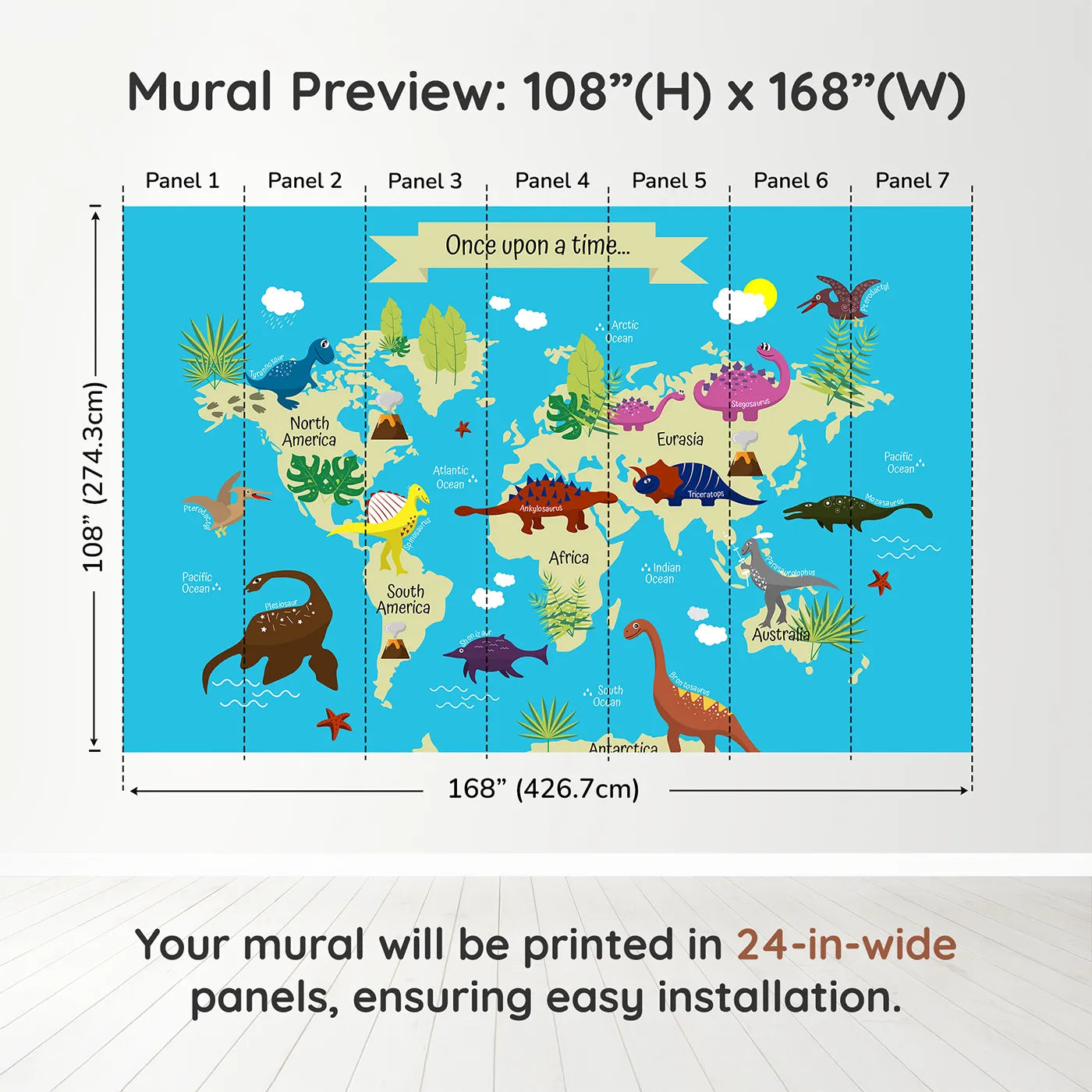Whimsy Tots Dinosaur World Map Wall Muraldimension view (108" H x 168" W). Printed in seven 24-inch-wide panels. Gender-Neutral