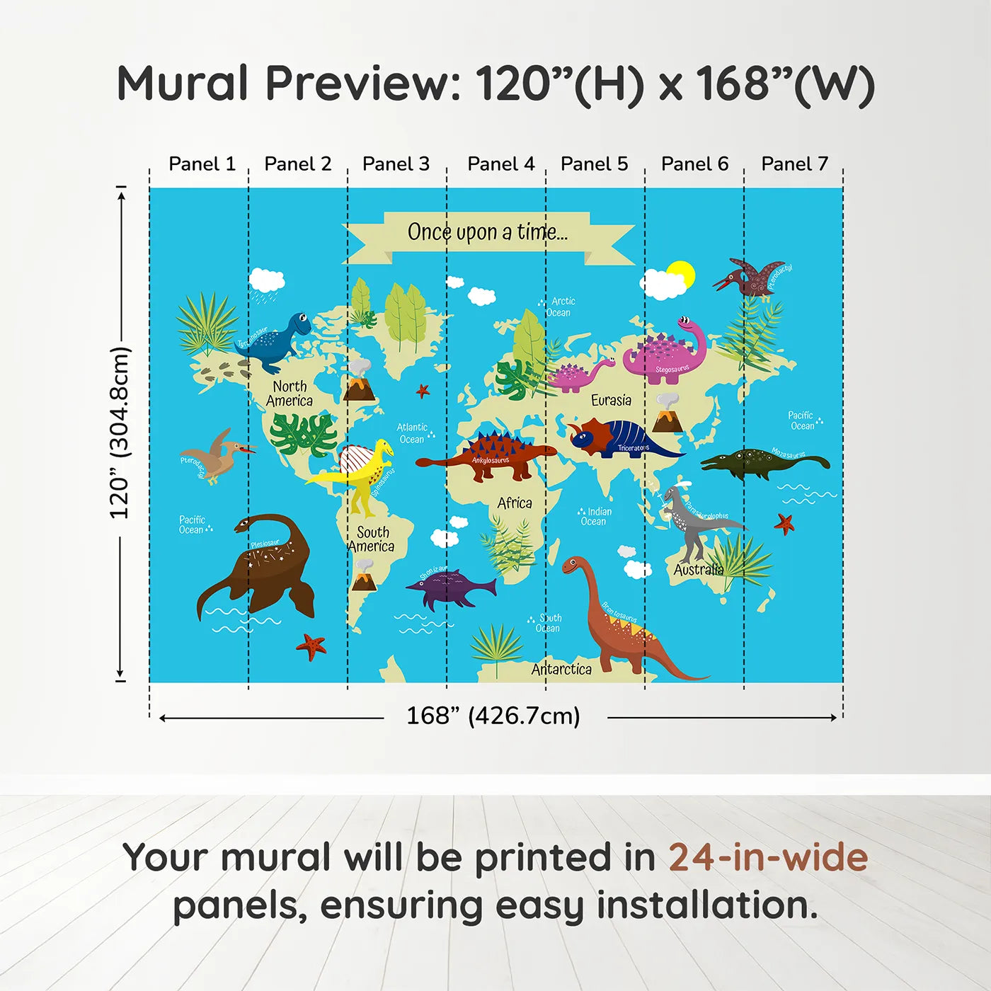 Whimsy Tots Dinosaur World Map Wall Muraldimension view (120" H x 168" W). Printed in seven 24-inch-wide panels. Gender-Neutral