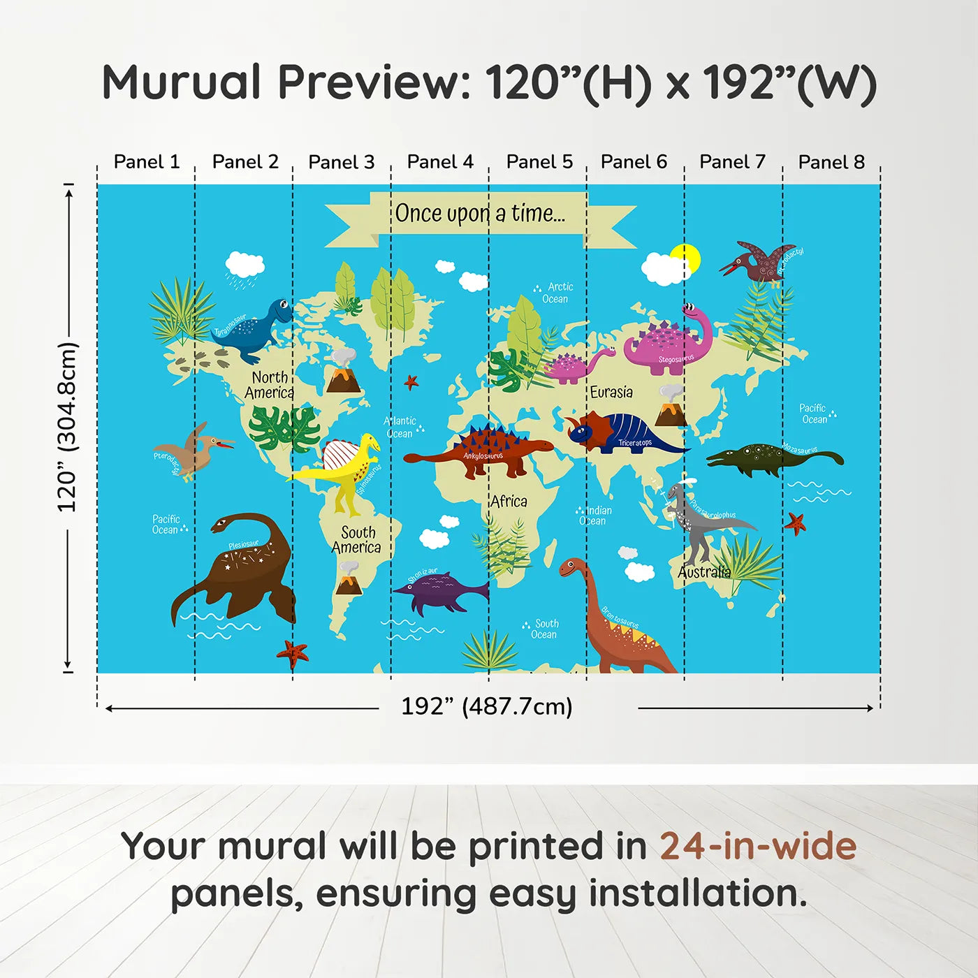 Whimsy Tots Dinosaur World Map Wall Muraldimension view (120" H x 192" W). Printed in eight 24-inch-wide panels. Gender-Neutral