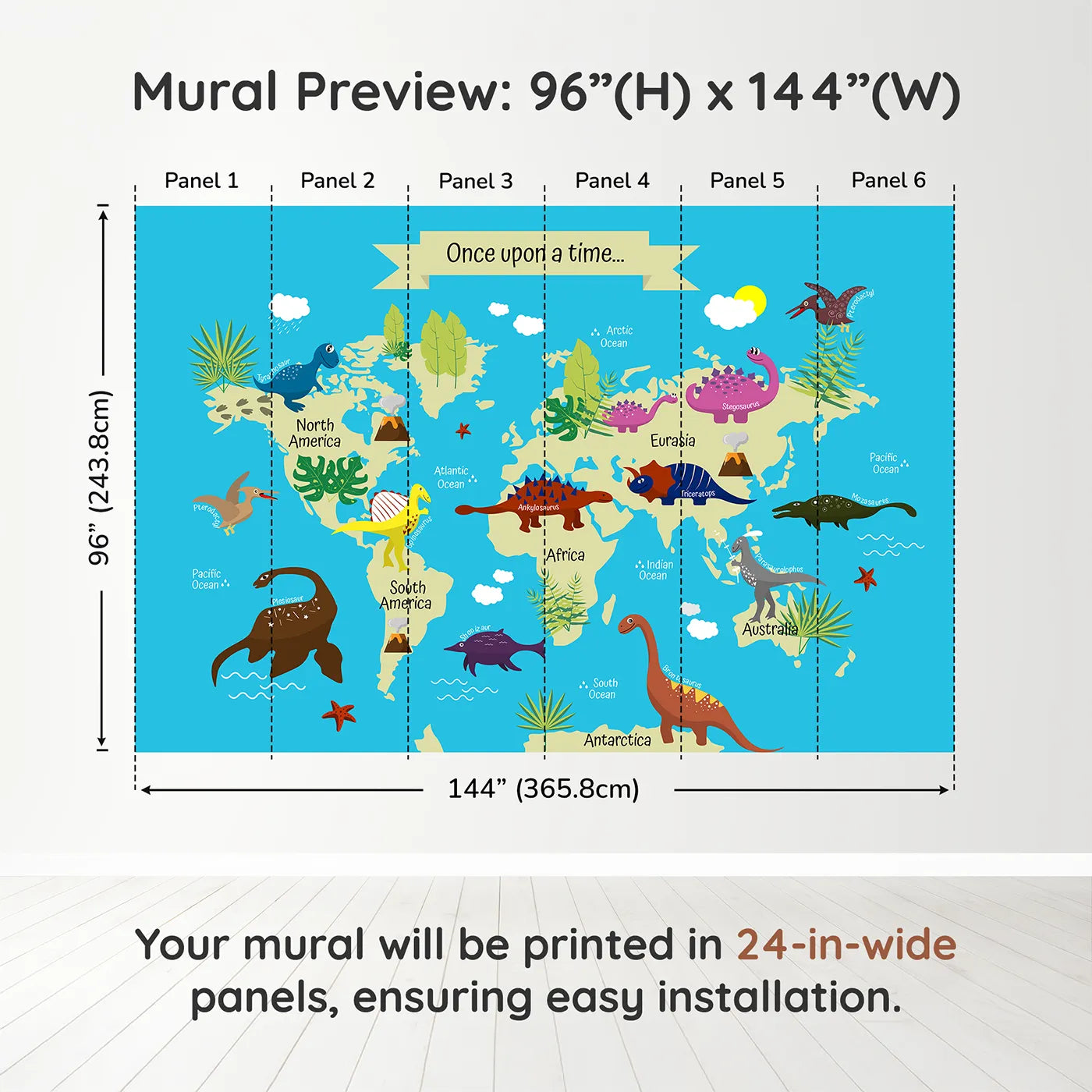Whimsy Tots Dinosaur World Map Wall Muraldimension view (96" H x 144" W). Printed in six 24-inch-wide panels. Gender-Neutral