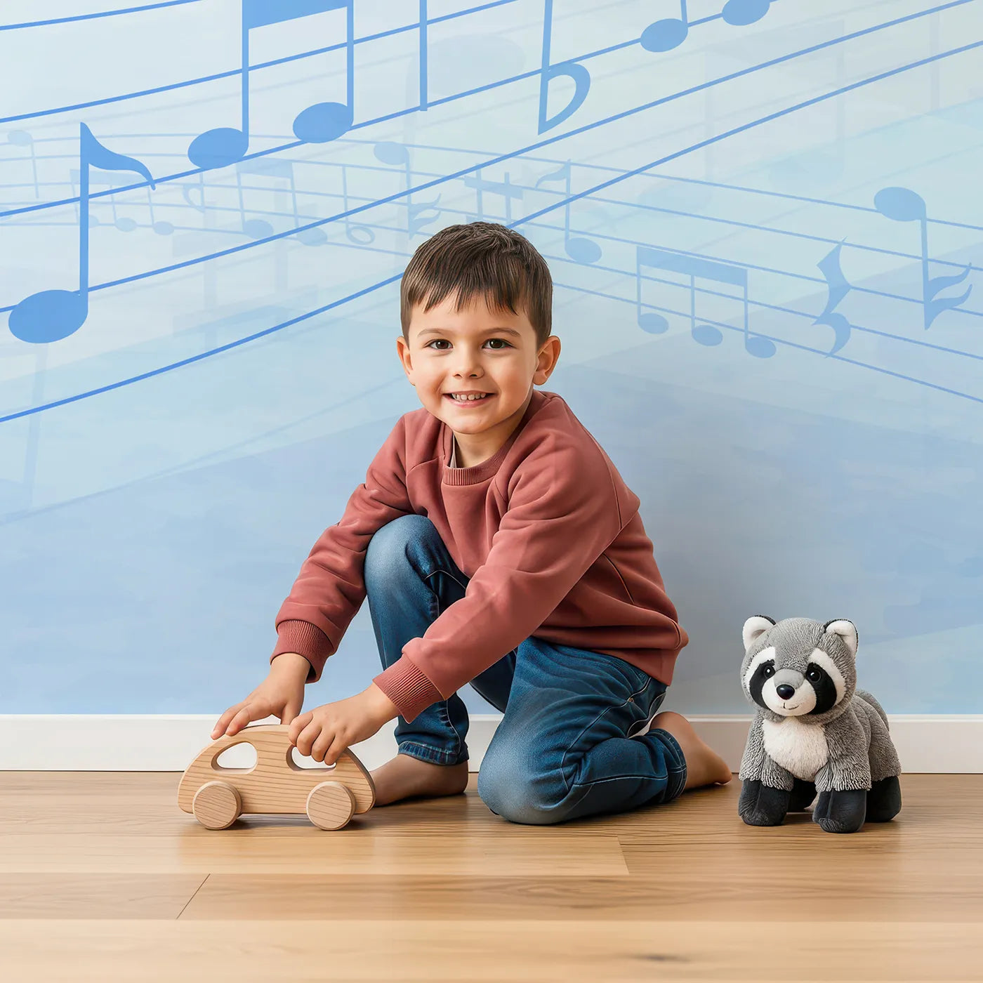 Child in front of Whimsy Tots Watercolor Melody Wall Mural in Blue with music, note, blue, watercolor, abstract, melody, sea, water in design.
