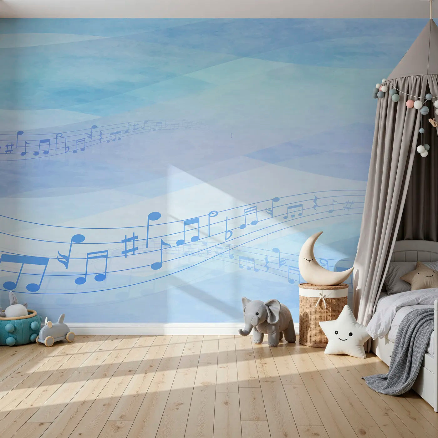 Front view of Whimsy Tots' Watercolor Melody Wall Mural in Blue