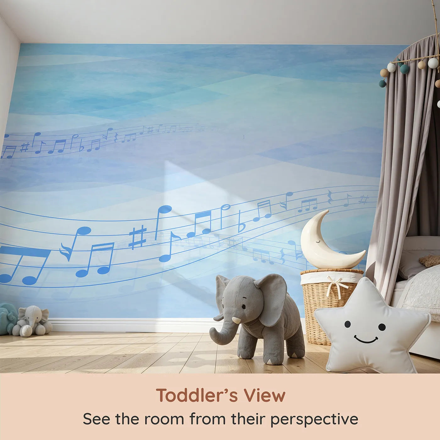 Whimsy Tots Watercolor Melody Wall Mural in Blue (Turn Their Room into a Flowing Ocean of Music) from your child's view.Gender-Neutral