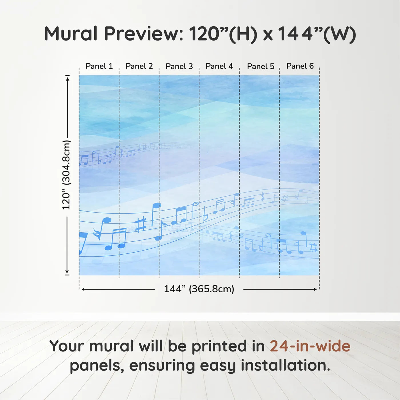Whimsy Tots Watercolor Melody Wall Mural in Bluedimension view (120" H x 144" W). Printed in six 24-inch-wide panels. Gender-Neutral