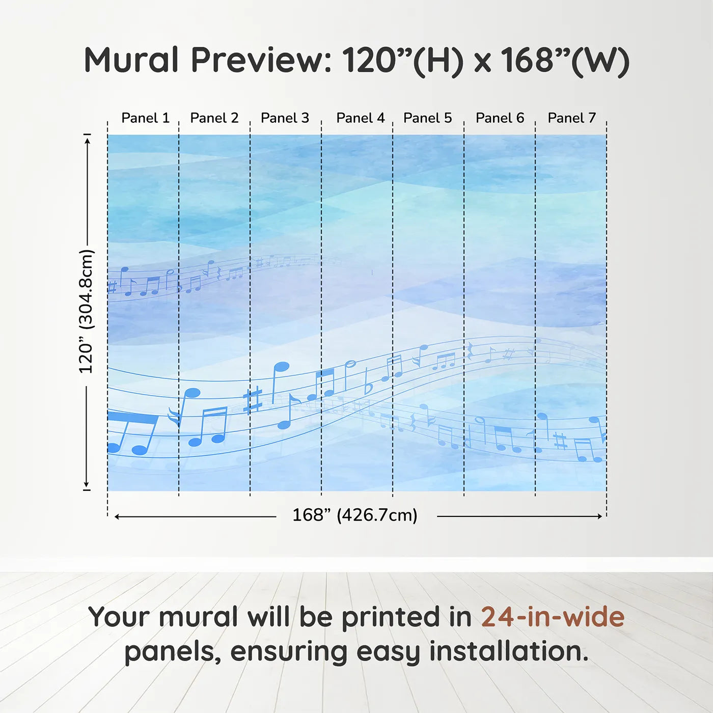 Whimsy Tots Watercolor Melody Wall Mural in Bluedimension view (120" H x 168" W). Printed in seven 24-inch-wide panels. Gender-Neutral