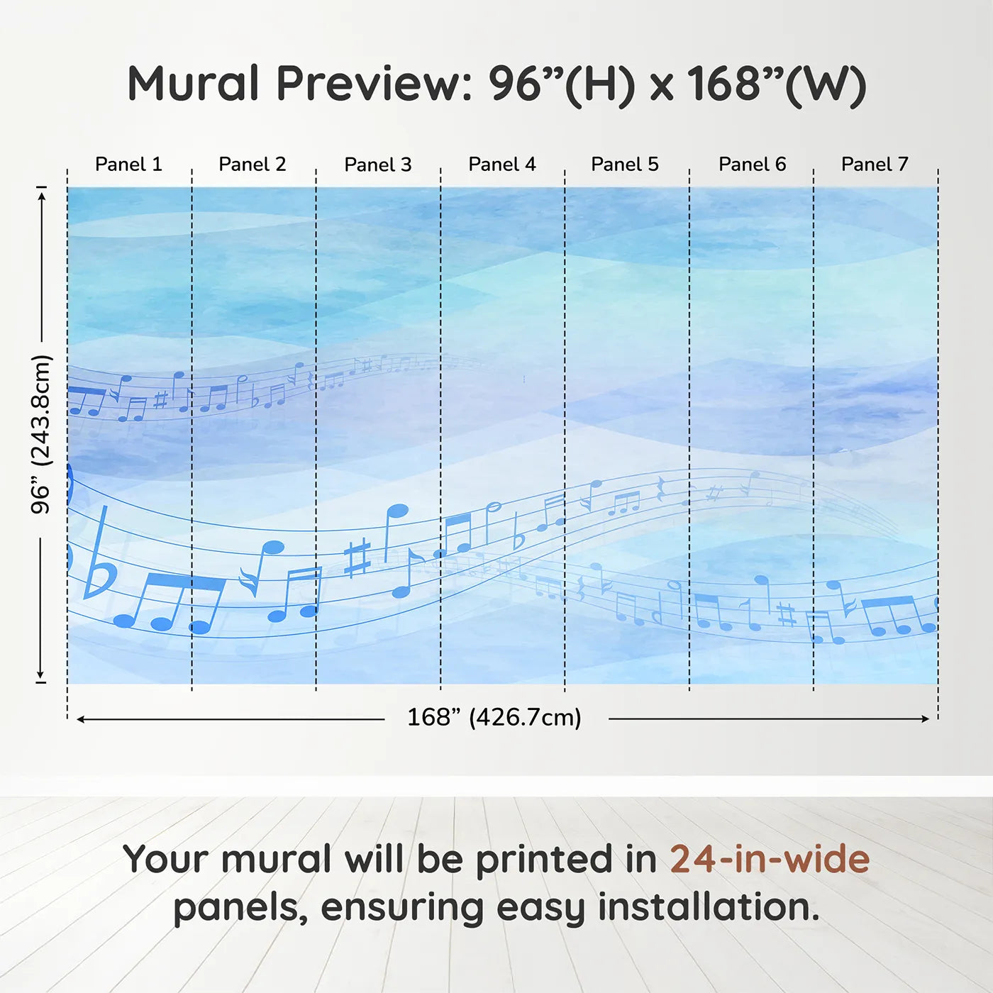 Whimsy Tots Watercolor Melody Wall Mural in Bluedimension view (96" H x 168" W). Printed in seven 24-inch-wide panels. Gender-Neutral