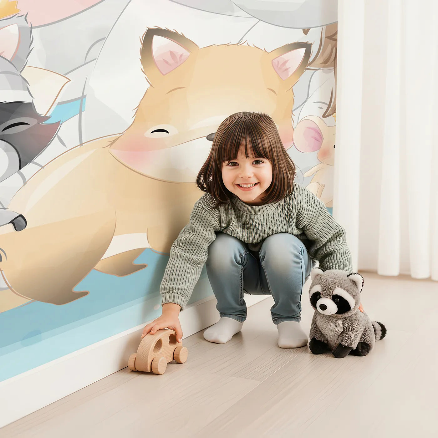 Child in front of Whimsy Tots Cute Animal Friends Wall Mural with animal, elephant, lion, panda, koala, fox, cute, safari, woodland in design.