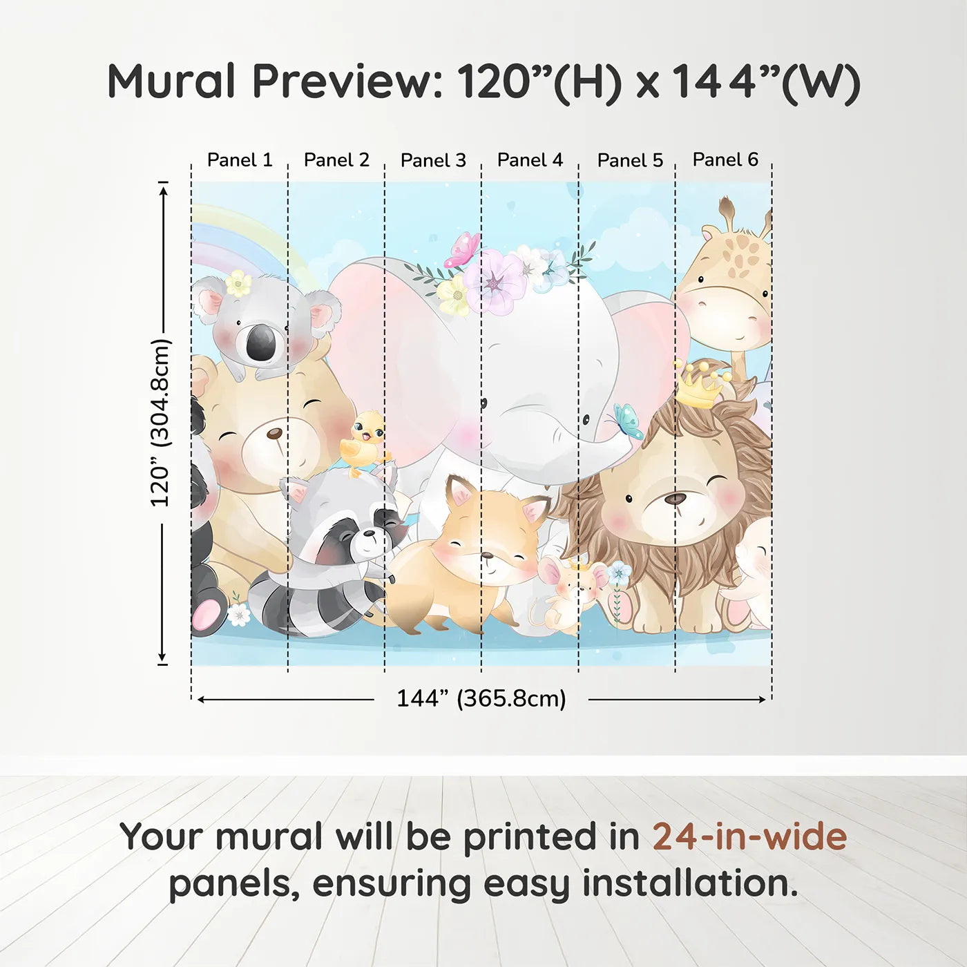 Whimsy Tots Cute Animal Friends Wall Muraldimension view (120" H x 144" W). Printed in six 24-inch-wide panels. Gender-Neutral