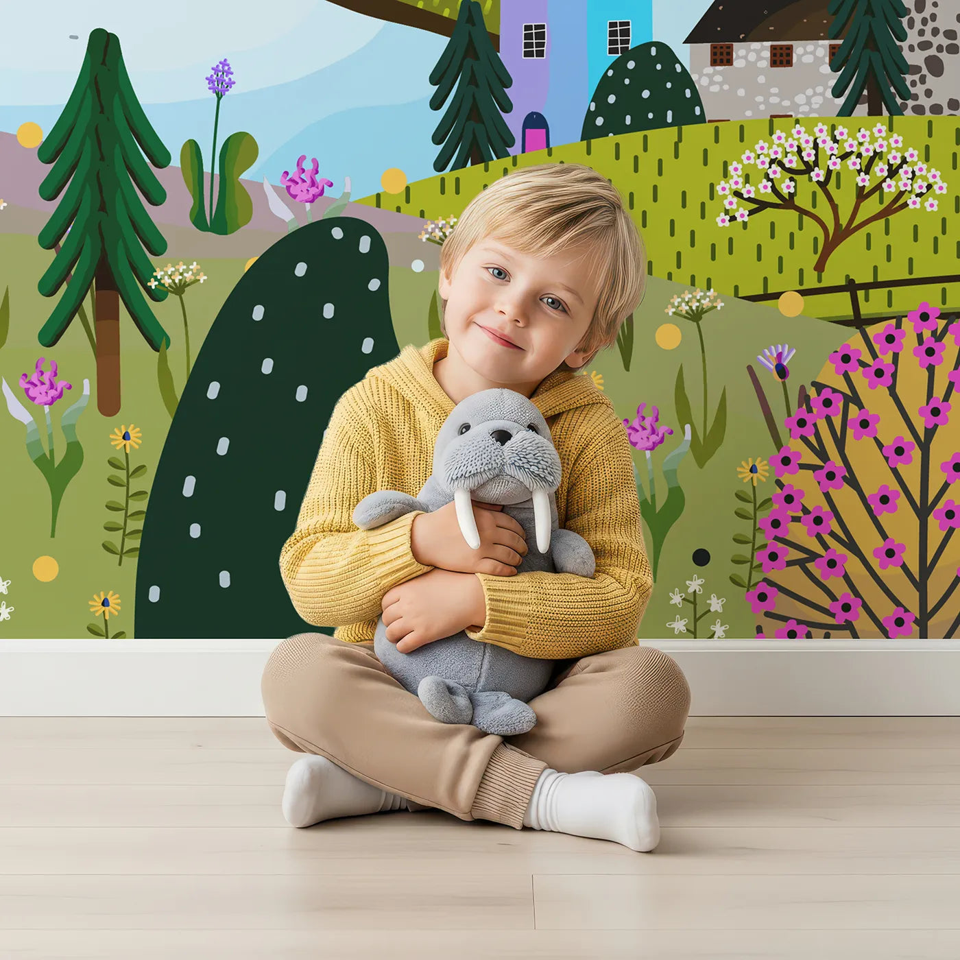 Child in front of Whimsy Tots Springtime Village Panorama Wall Mural with village, landscape, house, tree, mountain, spring, farm, church in design.
