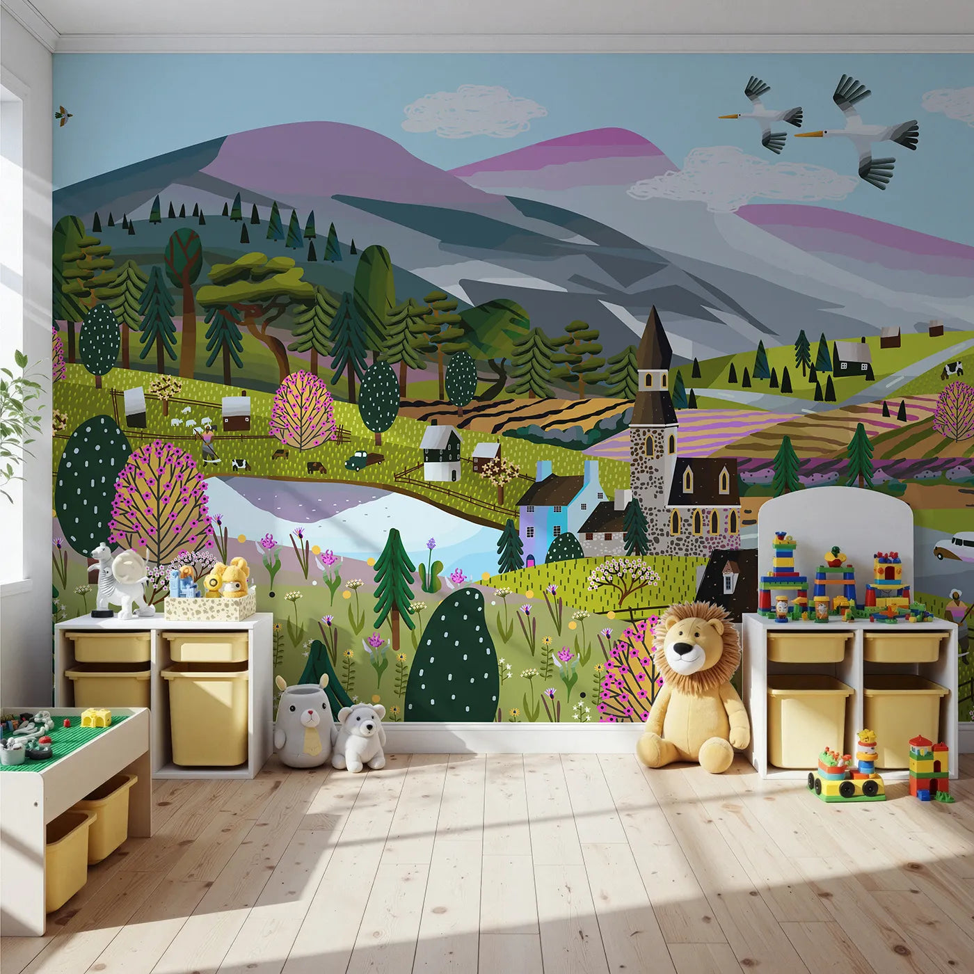 Front view of Whimsy Tots' Springtime Village Panorama Wall Mural