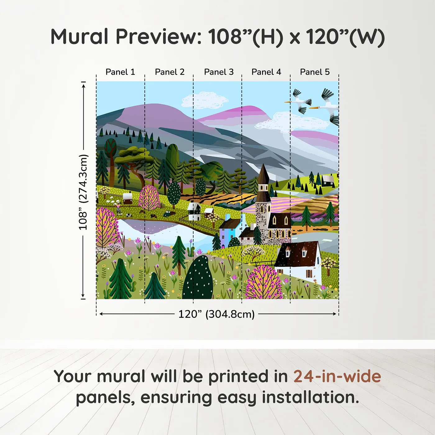 Whimsy Tots Springtime Village Panorama Wall Muraldimension view (108" H x 120" W). Printed in five 24-inch-wide panels. Gender-Neutral