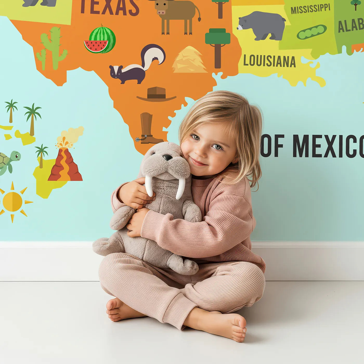Child in front of Whimsy Tots USA Map for Kids Wall Mural with map, usa, america, animal, travel, state, cartoon, educational in design.