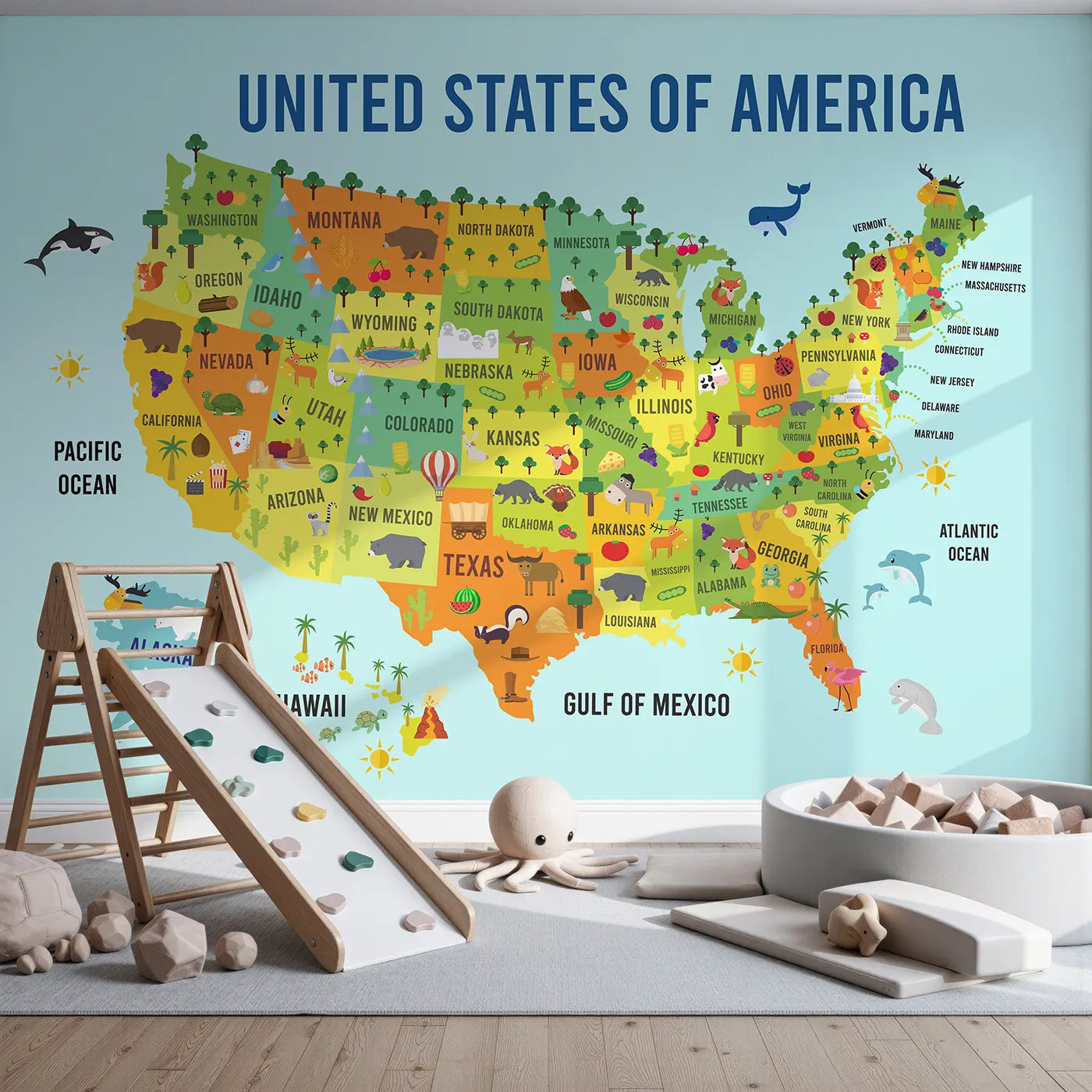 Front view of Whimsy Tots' USA Map for Kids Wall Mural