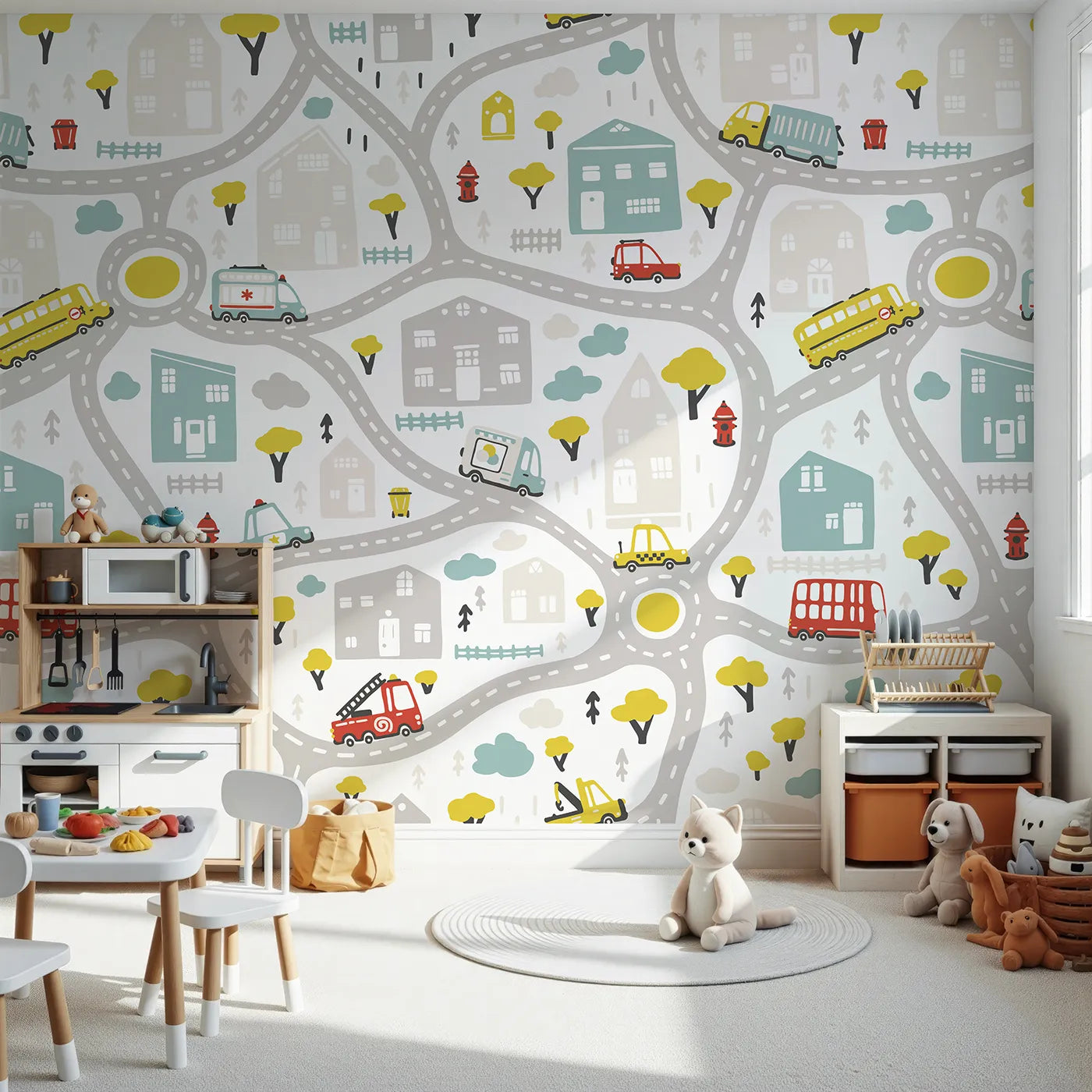 Front view of Whimsy Tots' Busy Town Emergency Vehicles Wall Mural