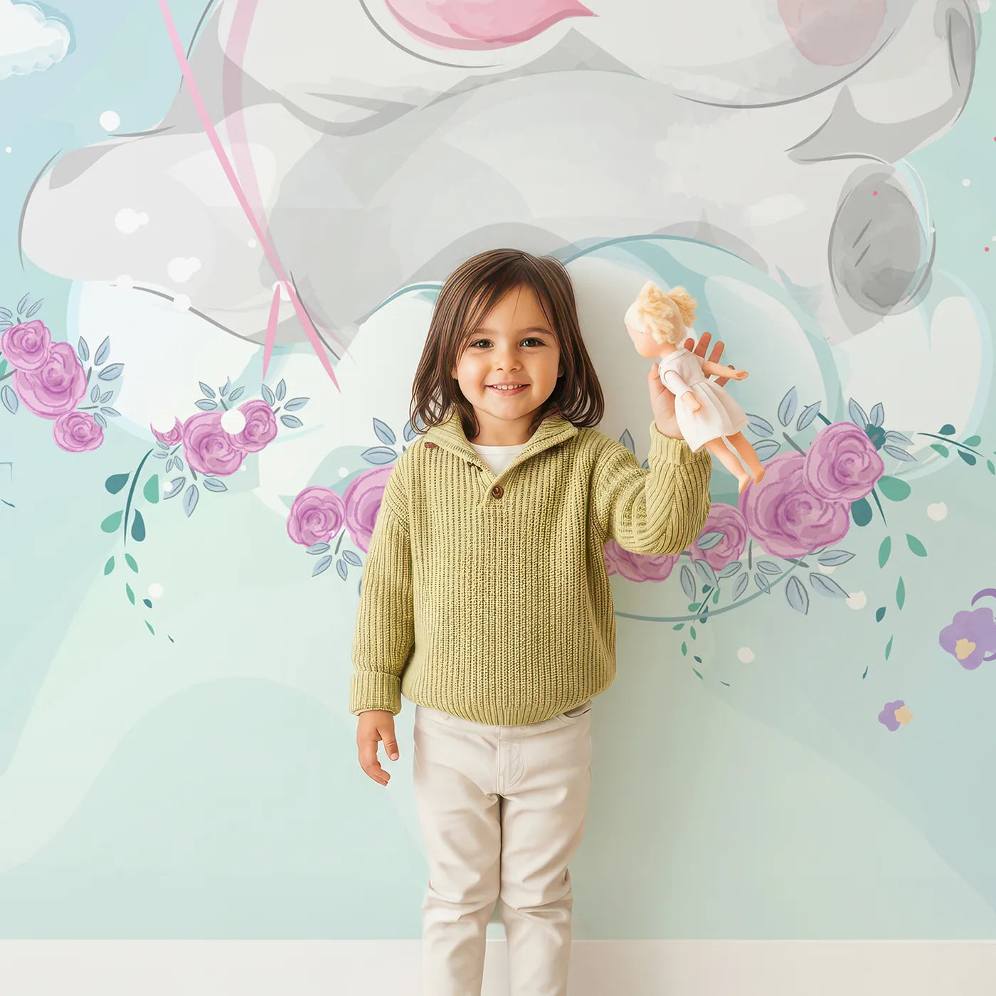Child in front of Whimsy Tots Elephant Dreams Wall Mural with elephant, balloon, cloud, star, cute, watercolor, pink, animal in design.