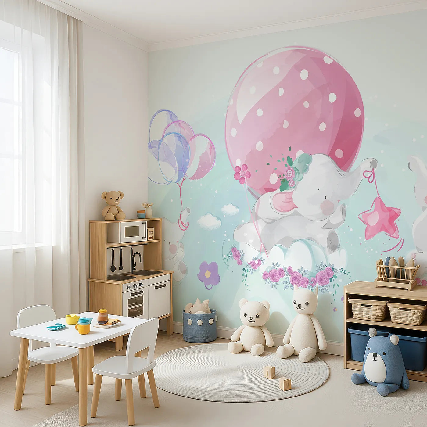 Angled view of Whimsy Tots' Elephant Dreams Wall Mural (Turn Their Room into a Sweet and Gentle Dreamscape).Gender-Neutral