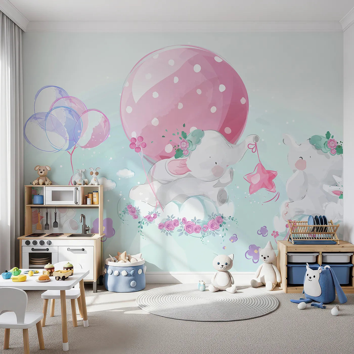 Front view of Whimsy Tots' Elephant Dreams Wall Mural