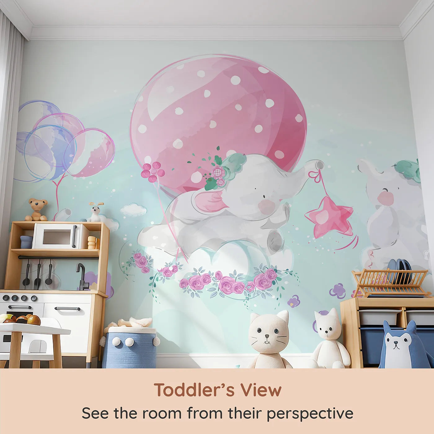 Whimsy Tots Elephant Dreams Wall Mural (Turn Their Room into a Sweet and Gentle Dreamscape) from your child's view.Gender-Neutral