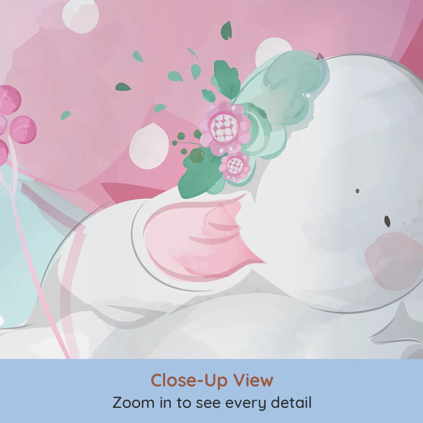 Close-up view of Whimsy Tots' Elephant Dreams Wall Mural (Turn Their Room into a Sweet and Gentle Dreamscape).Gender-Neutral