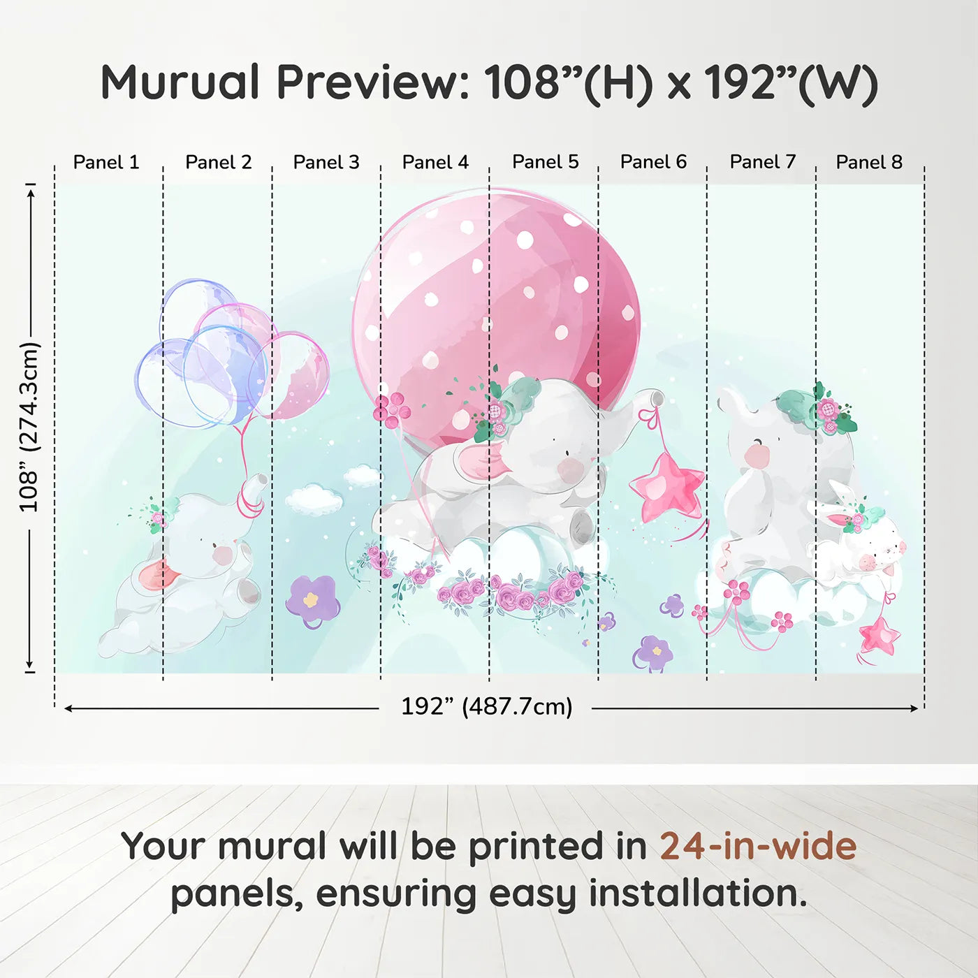 Whimsy Tots Elephant Dreams Wall Muraldimension view (108" H x 192" W). Printed in eight 24-inch-wide panels. Gender-Neutral