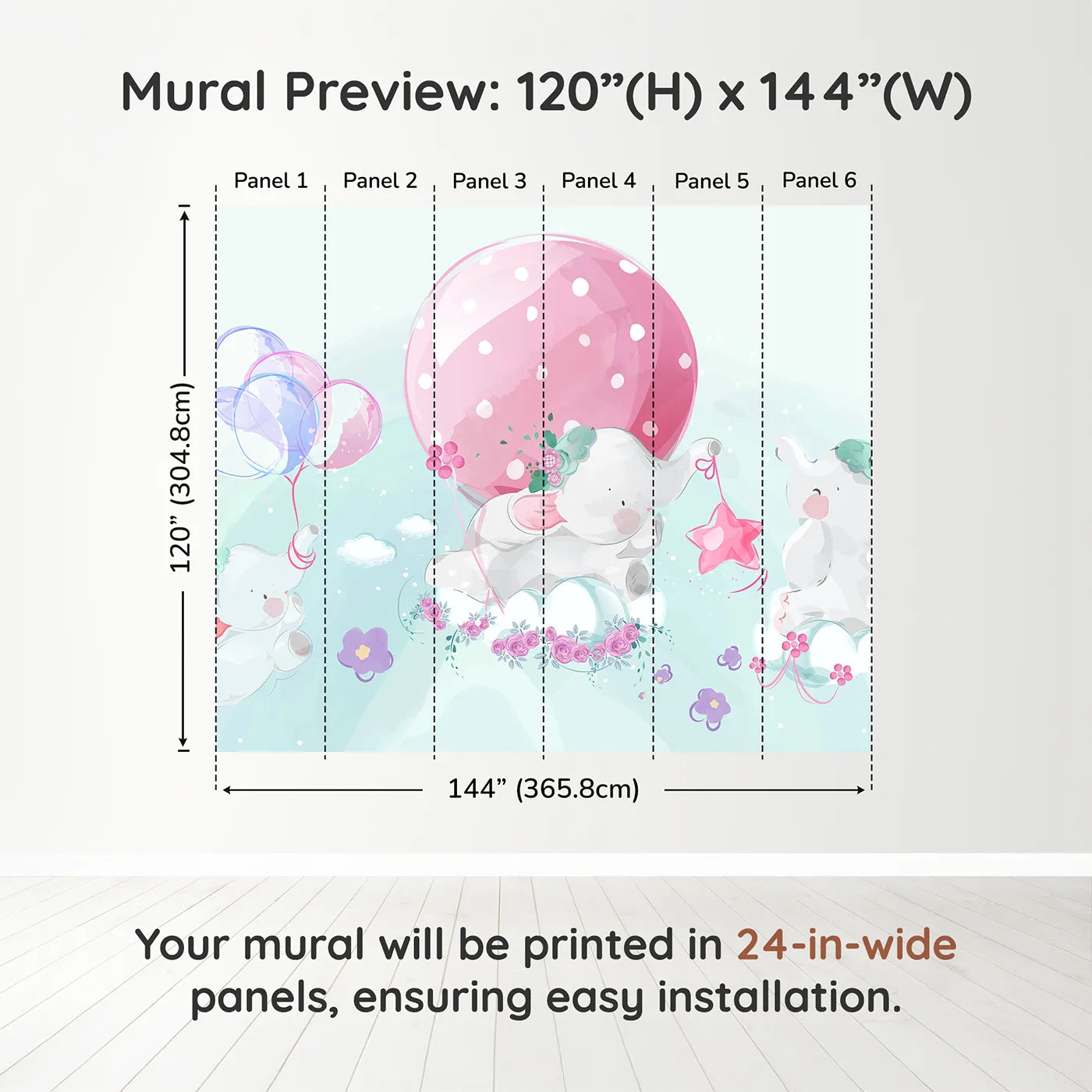 Whimsy Tots Elephant Dreams Wall Muraldimension view (120" H x 144" W). Printed in six 24-inch-wide panels. Gender-Neutral